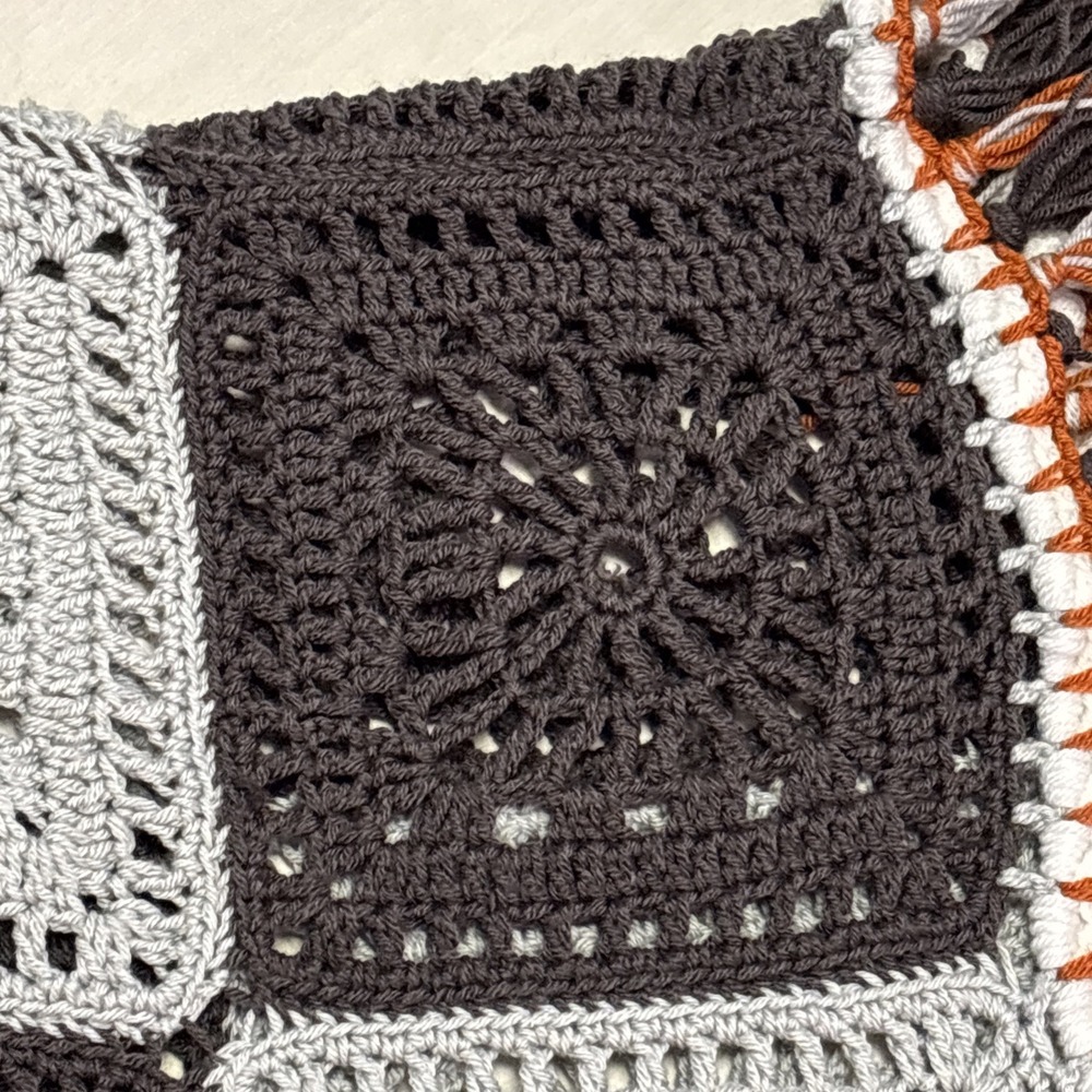 Handmade Boho Poncho Shawl  & Hat Fringe Gray Orange One Size Fits Most‎ Fall - Picture 5 of 12